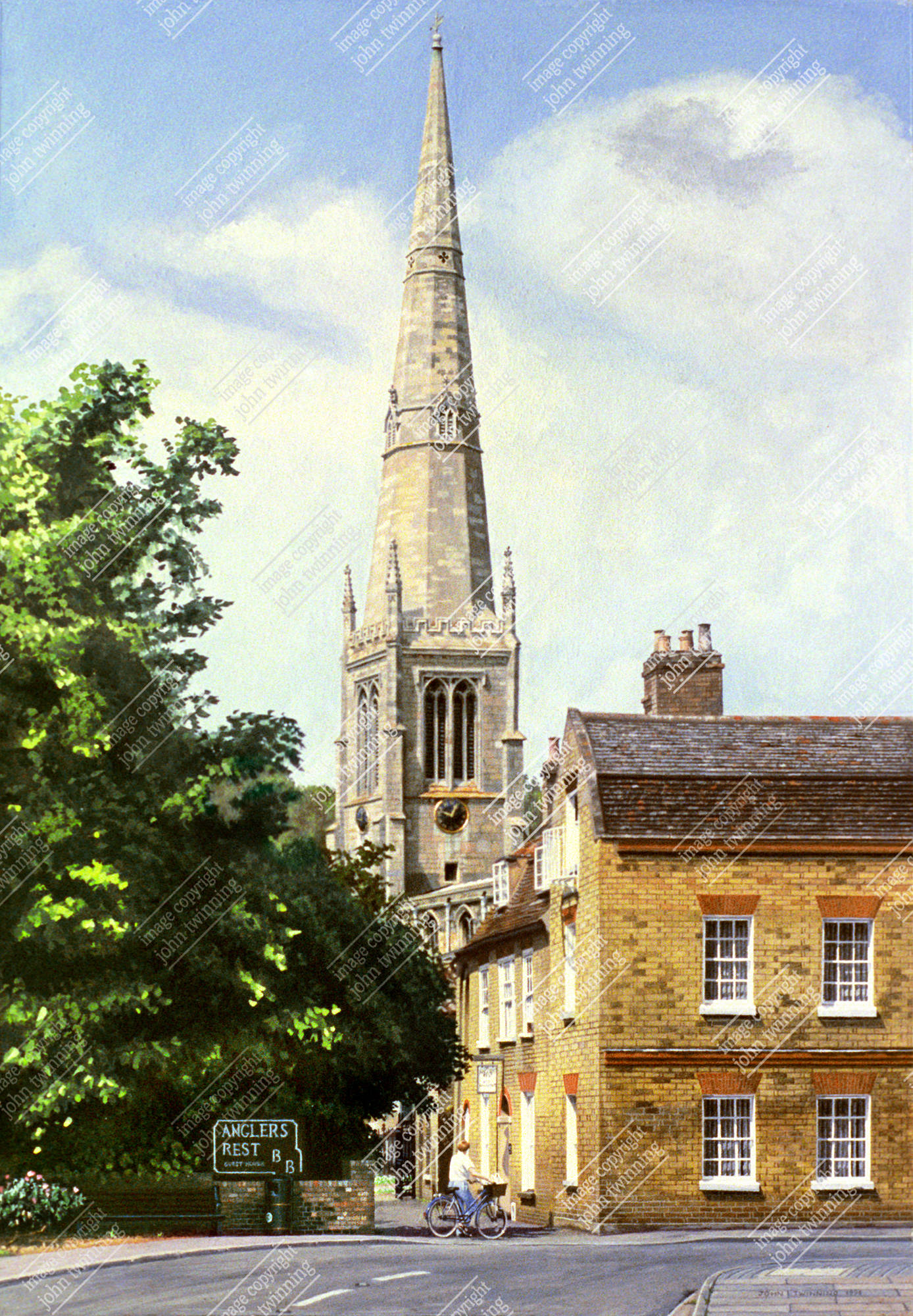 ‘The Parish Church And Angler’s Rest, St. Ives’ – art print from a watercolour painting of this market town’s parish church