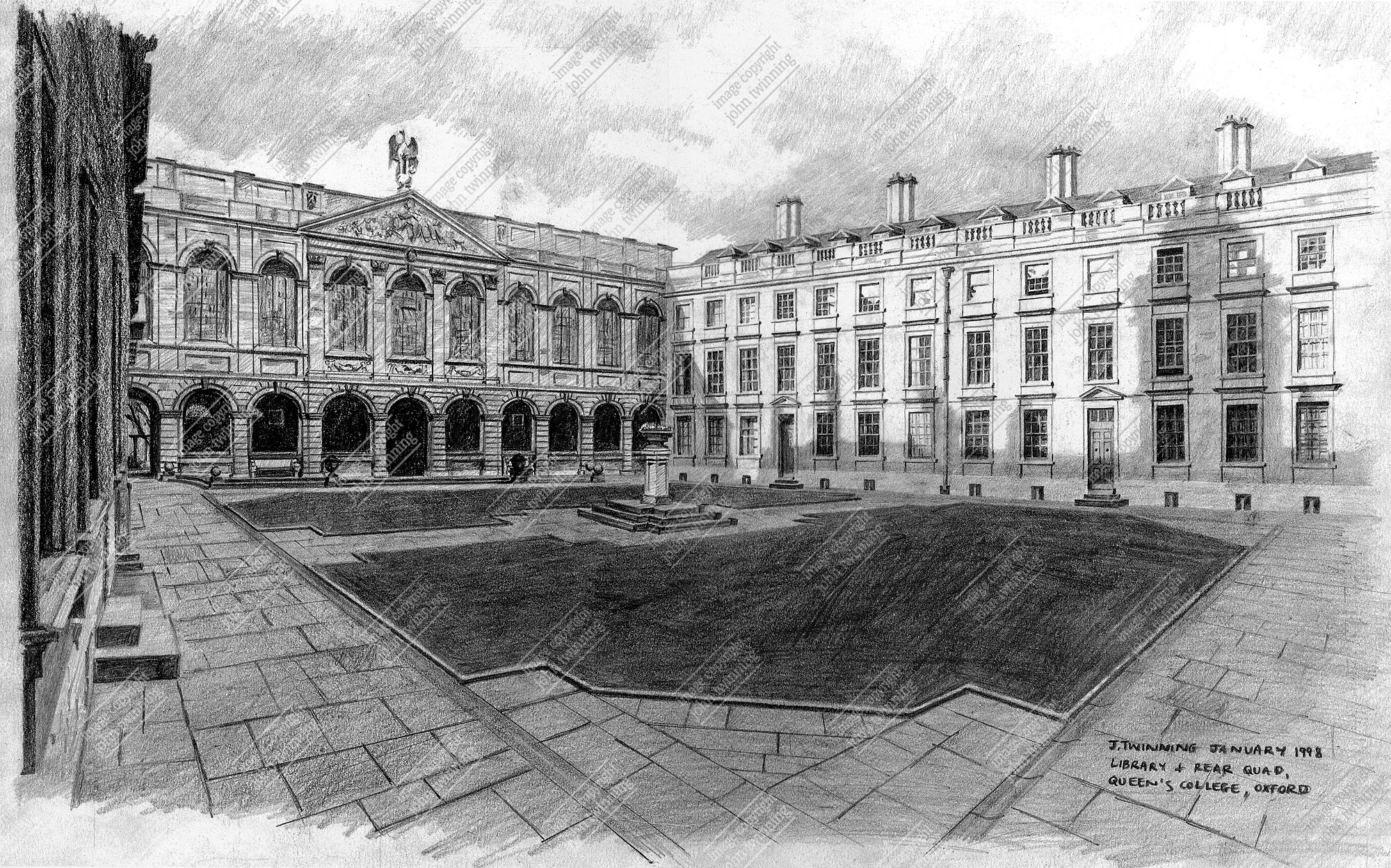 'The Back Quad' - art print from a pencil drawing of this view within the grounds of the queen's college, oxford