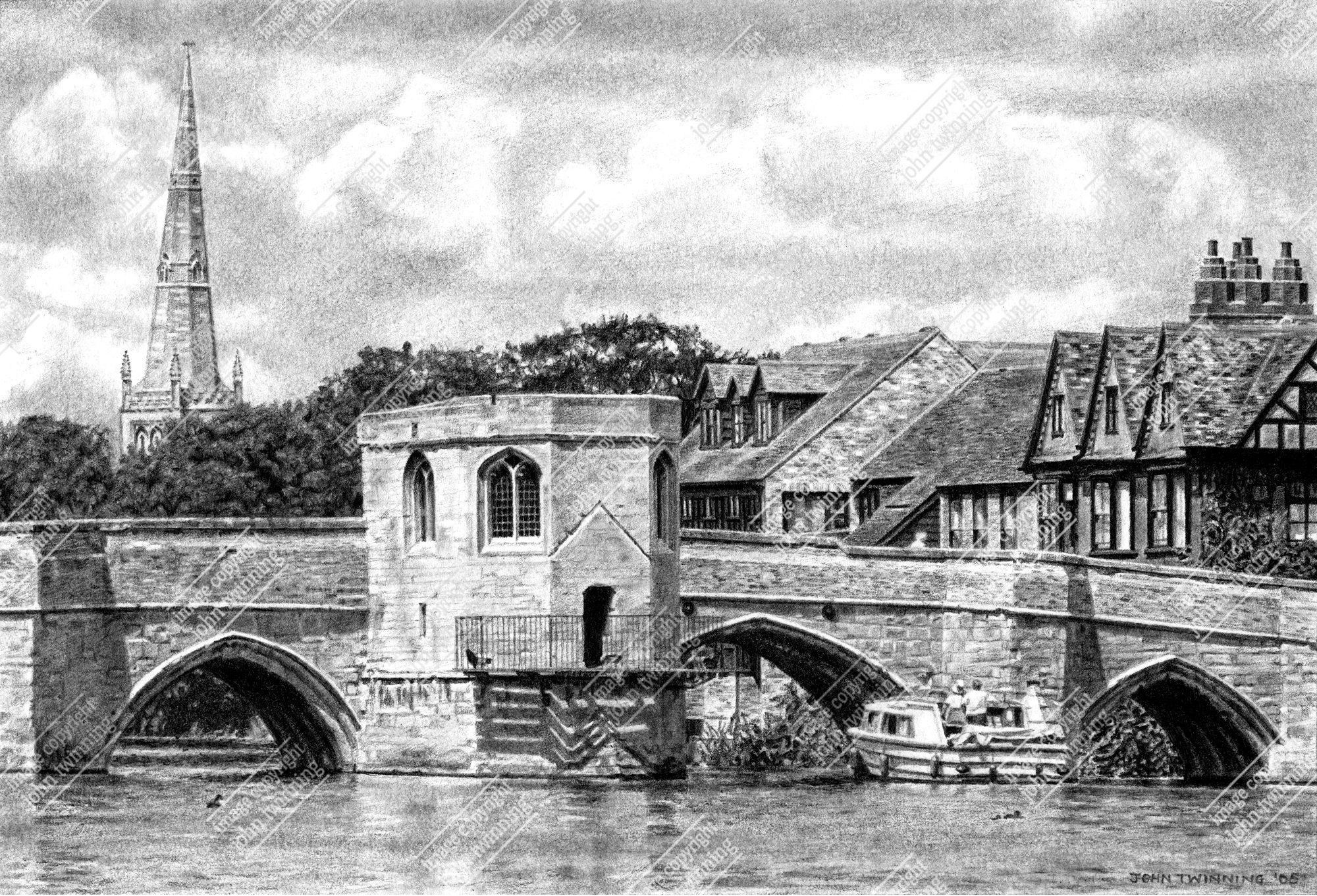 'St. Ives Bridge And Chapel' - art print from a pencil drawing of this cambridgeshire market town's historic bridge