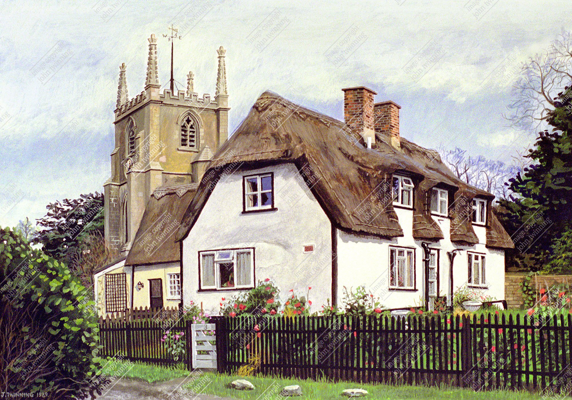 'Elsworth Village, Cambridgeshire' - art print from a painting of this lovely rural scene with parish church and cottages