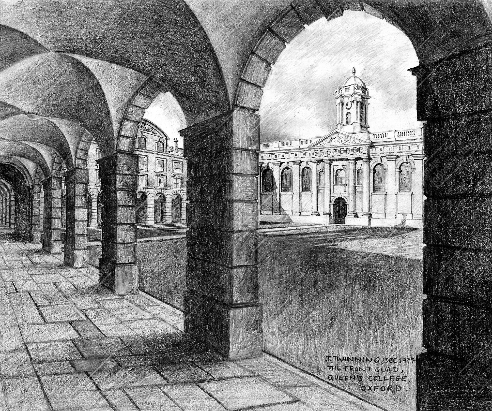'The Front Quad' - art print from a pencil drawing of this view within the grounds of the queen's college, oxford
