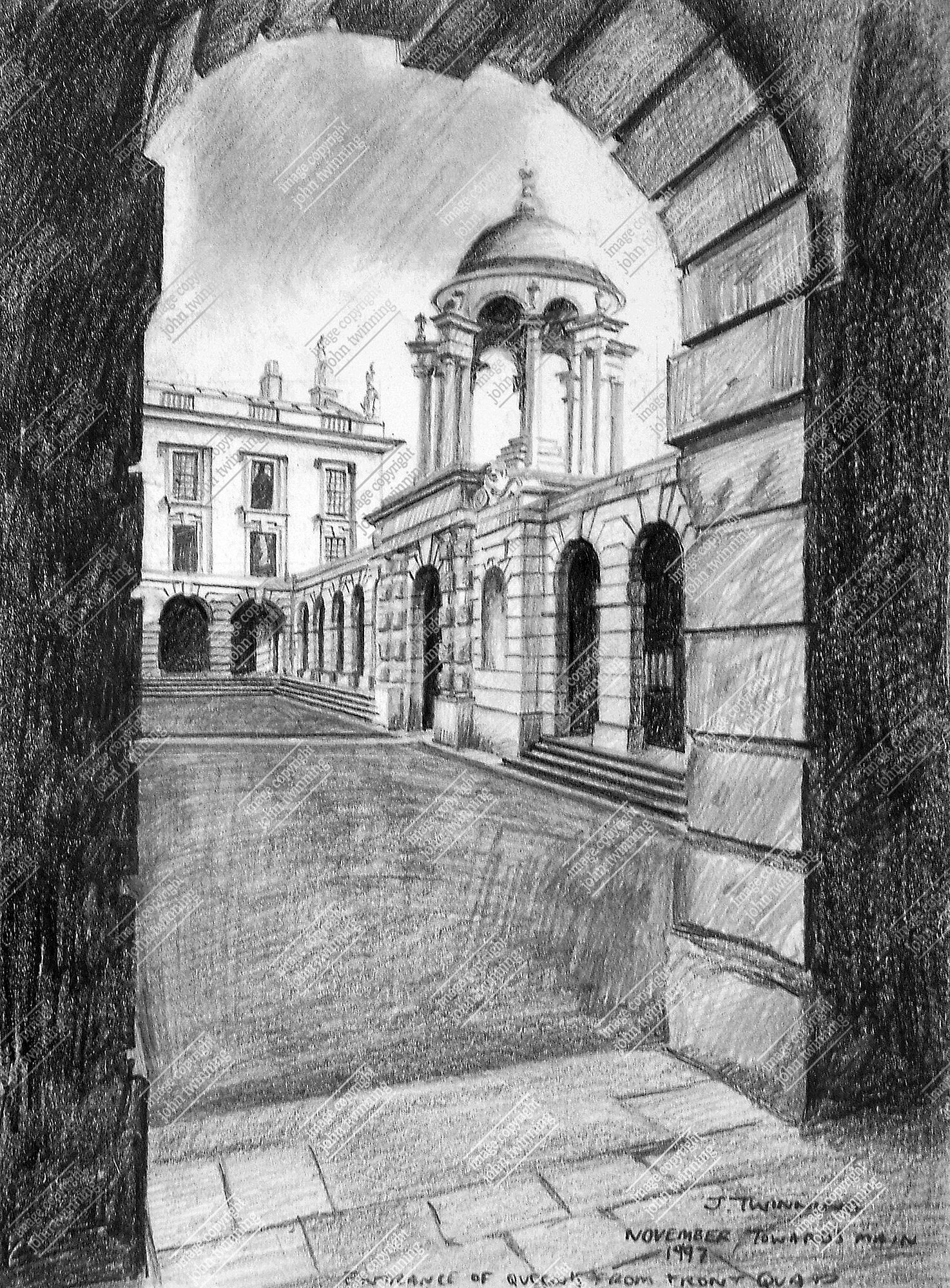 'The Front Quad & Cupola' - art print from a pencil drawing of this view within the grounds of the queen's college, oxford