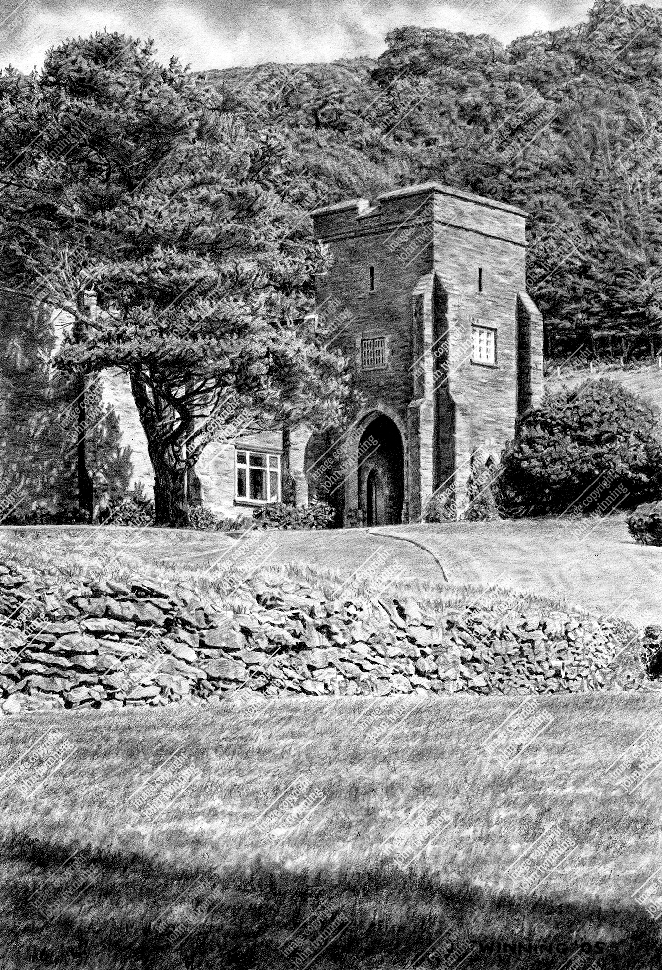 ‘Lee Abbey, God is our refuge’ – art print from a pencil drawing of this north devon based christian retreat centre