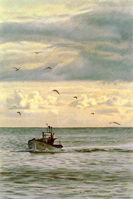 'Golden Harvest, Aldeburgh, Suffolk' - art print from a marine/maritime painting of a fishing boat at sea