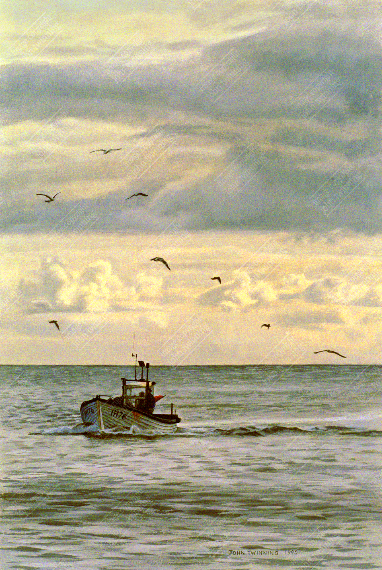 ‘Golden Harvest, Aldeburgh, Suffolk’ – art print from a marine/maritime watercolour painting of a fishing boat at sea