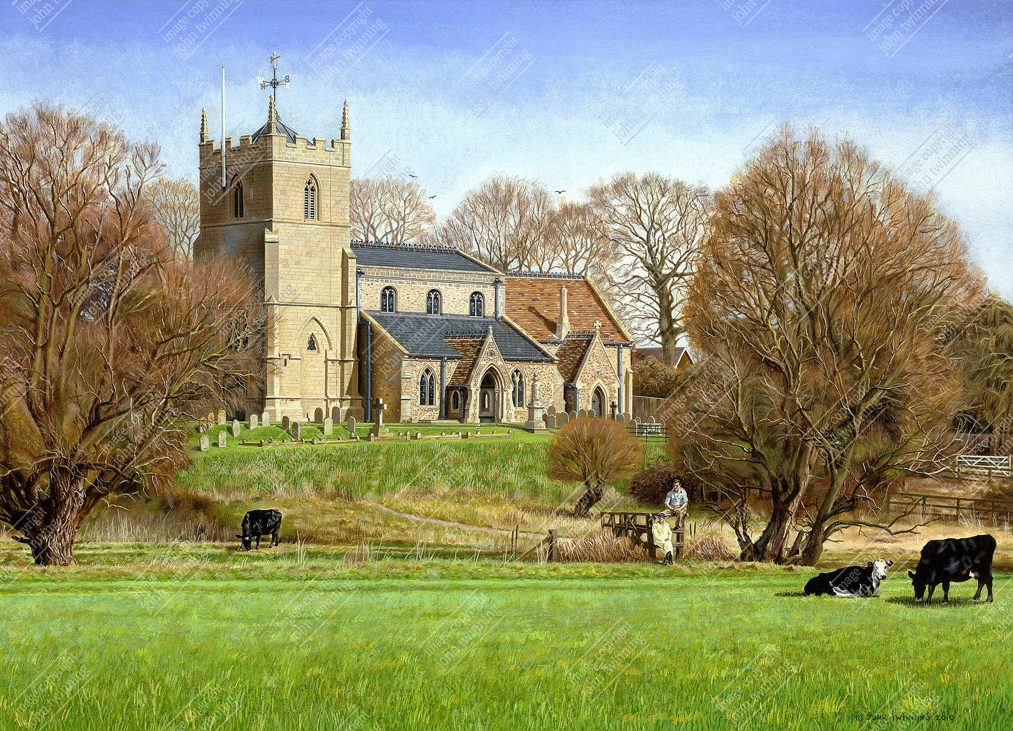 'St. John The Baptist Church Holywell, Spring' - art print from a commissioned painting of this cambridgeshire village's church