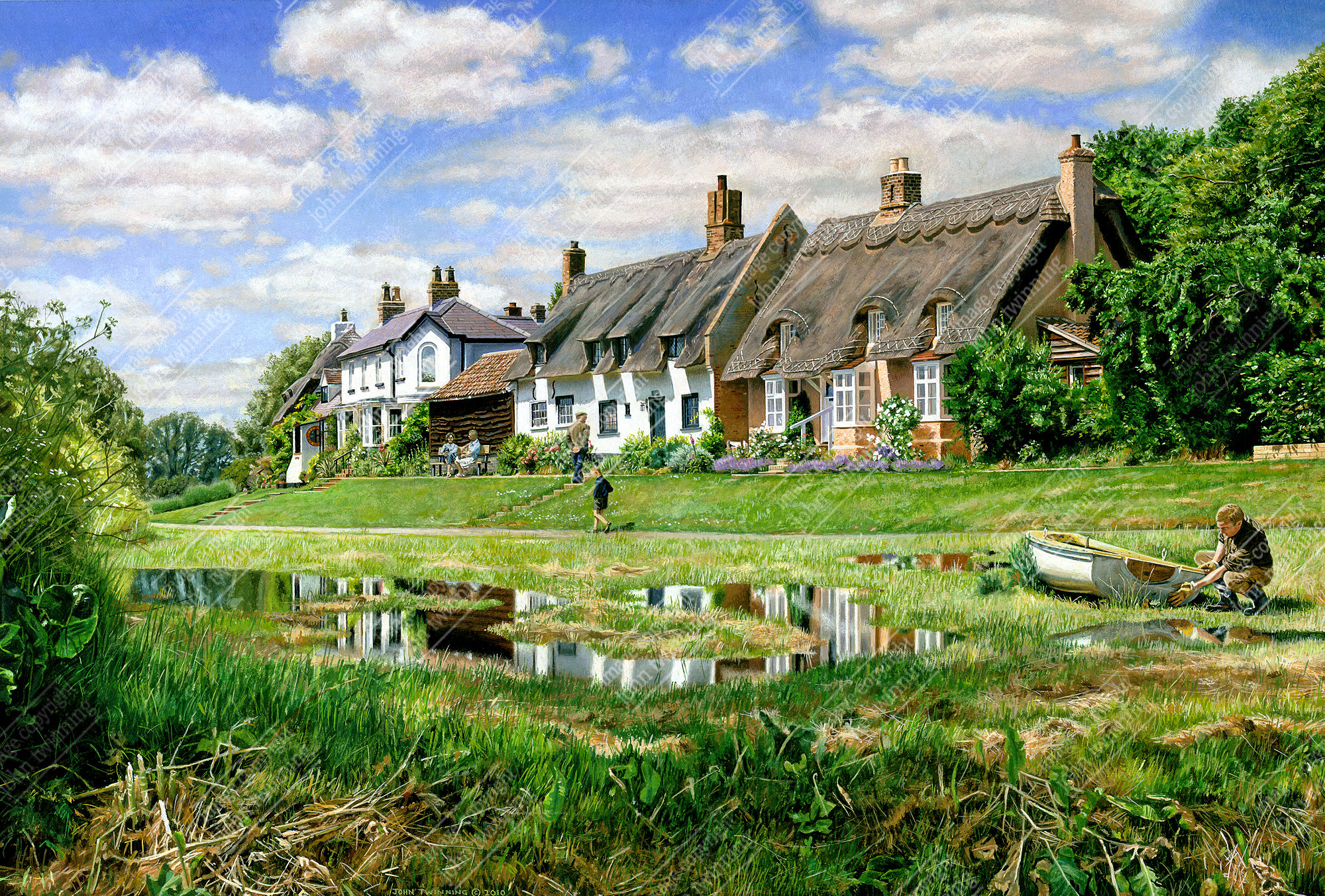 'Reflections Of Holywell, Cambridgeshire' art print from a painting of a country village scene
