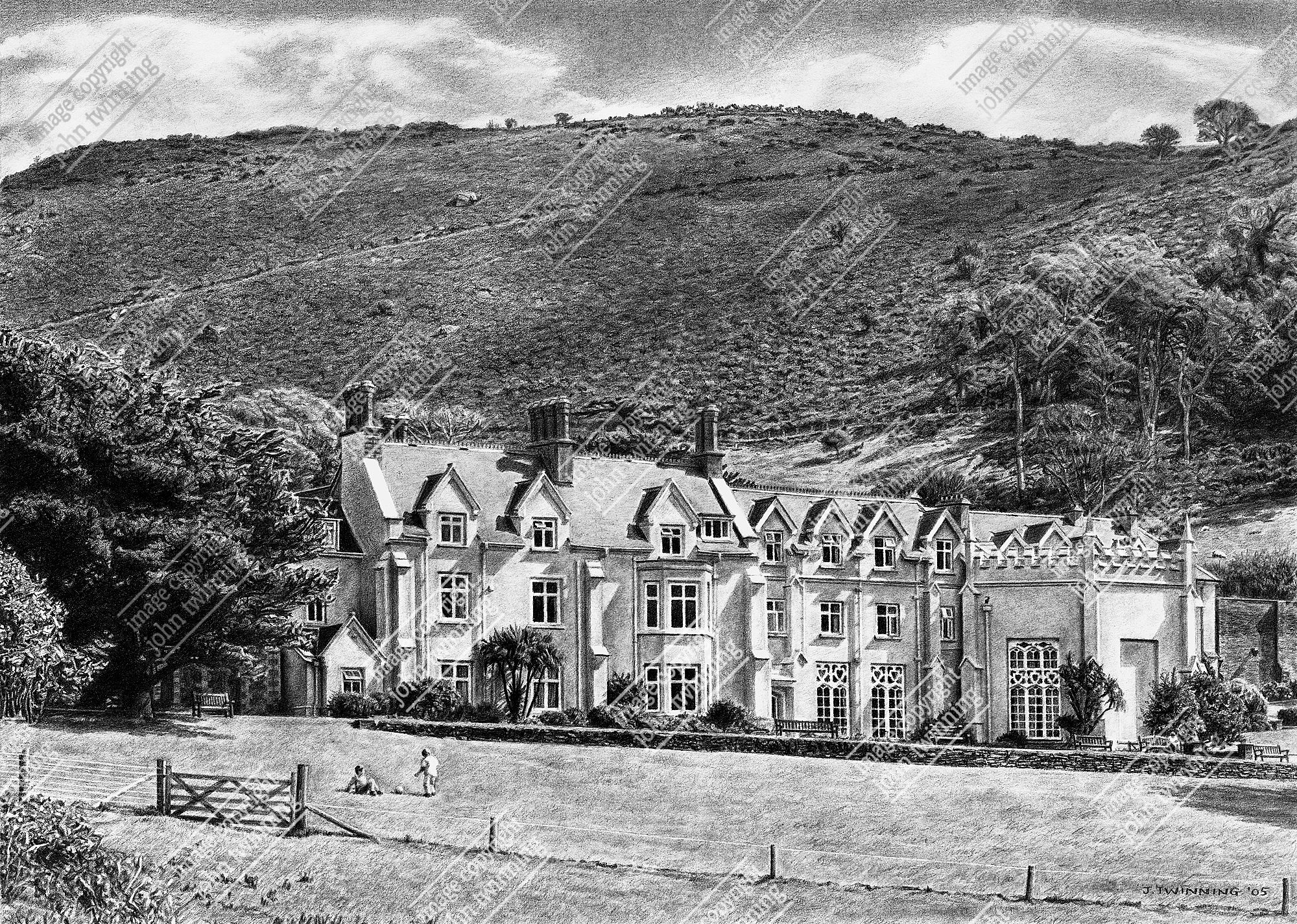 'Lee Abbey house from the front lawn' - art print from a pencil drawing of this north devon based christian retreat centre