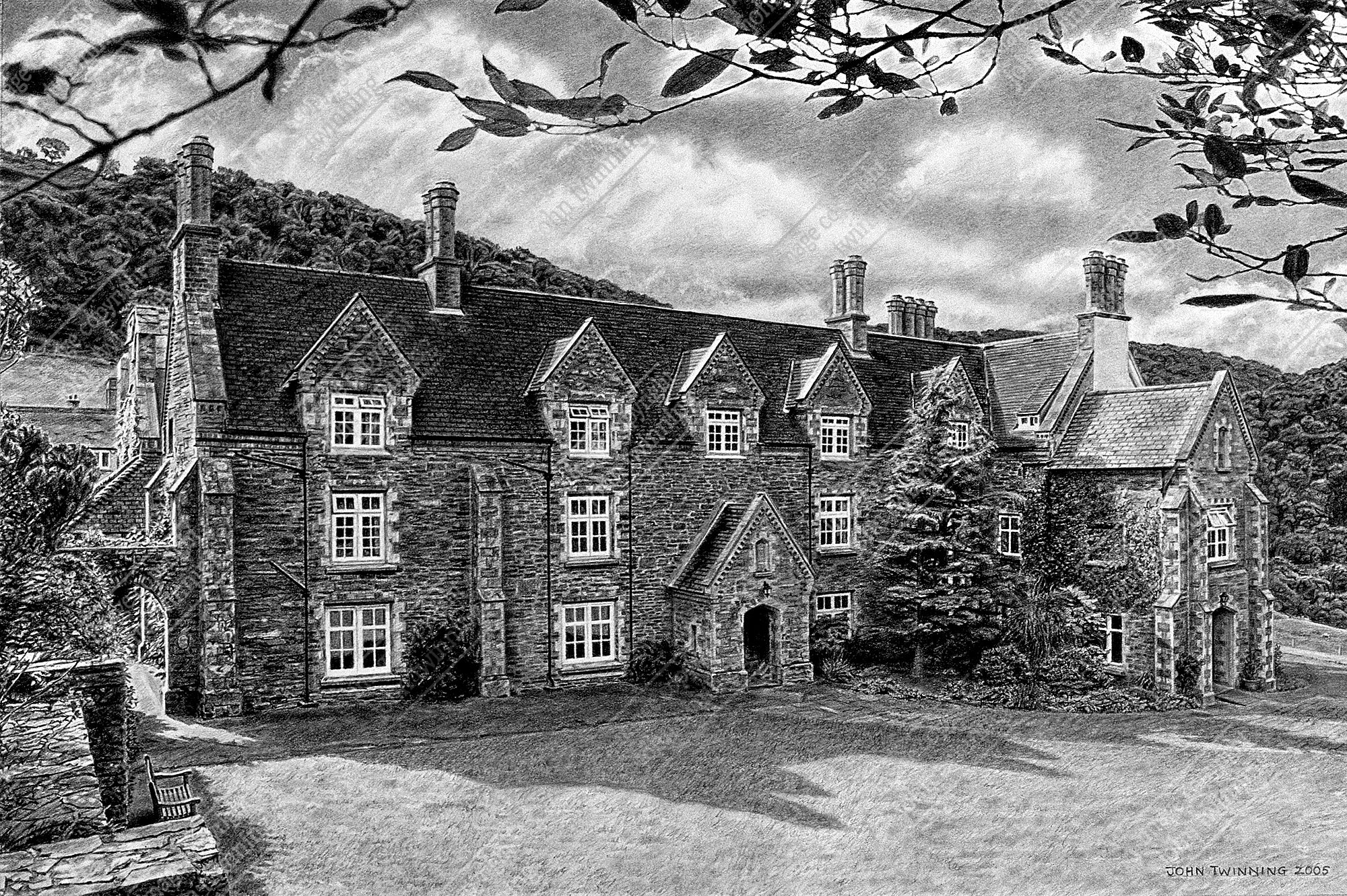 'Lee Abbey house from the north lawn' - art print from a pencil drawing of this north devon based christian retreat centre