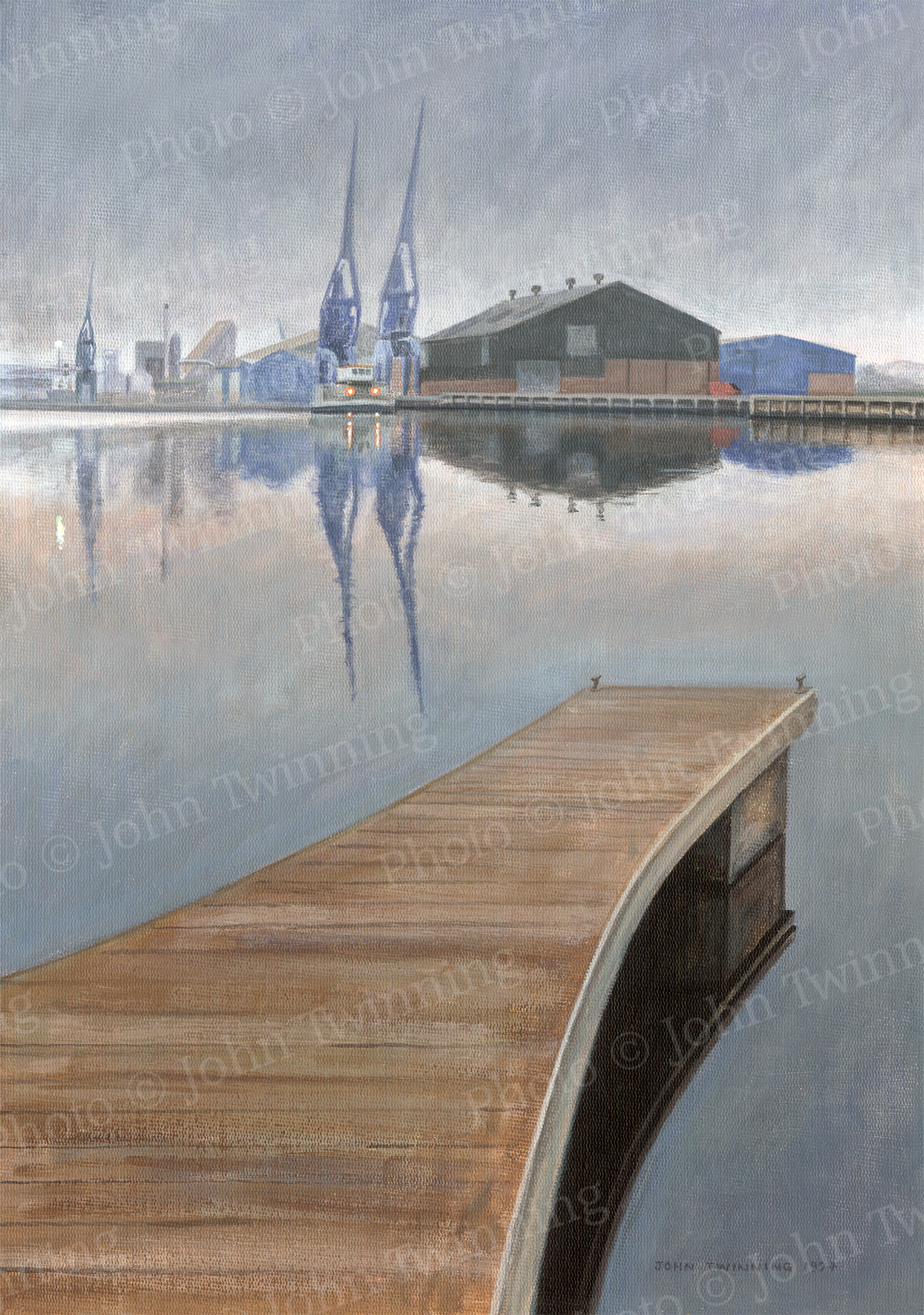 ‘Misty Morning On The Jetty, Ipswich Docks, Suffolk’ – art print from a marine/maritime painting