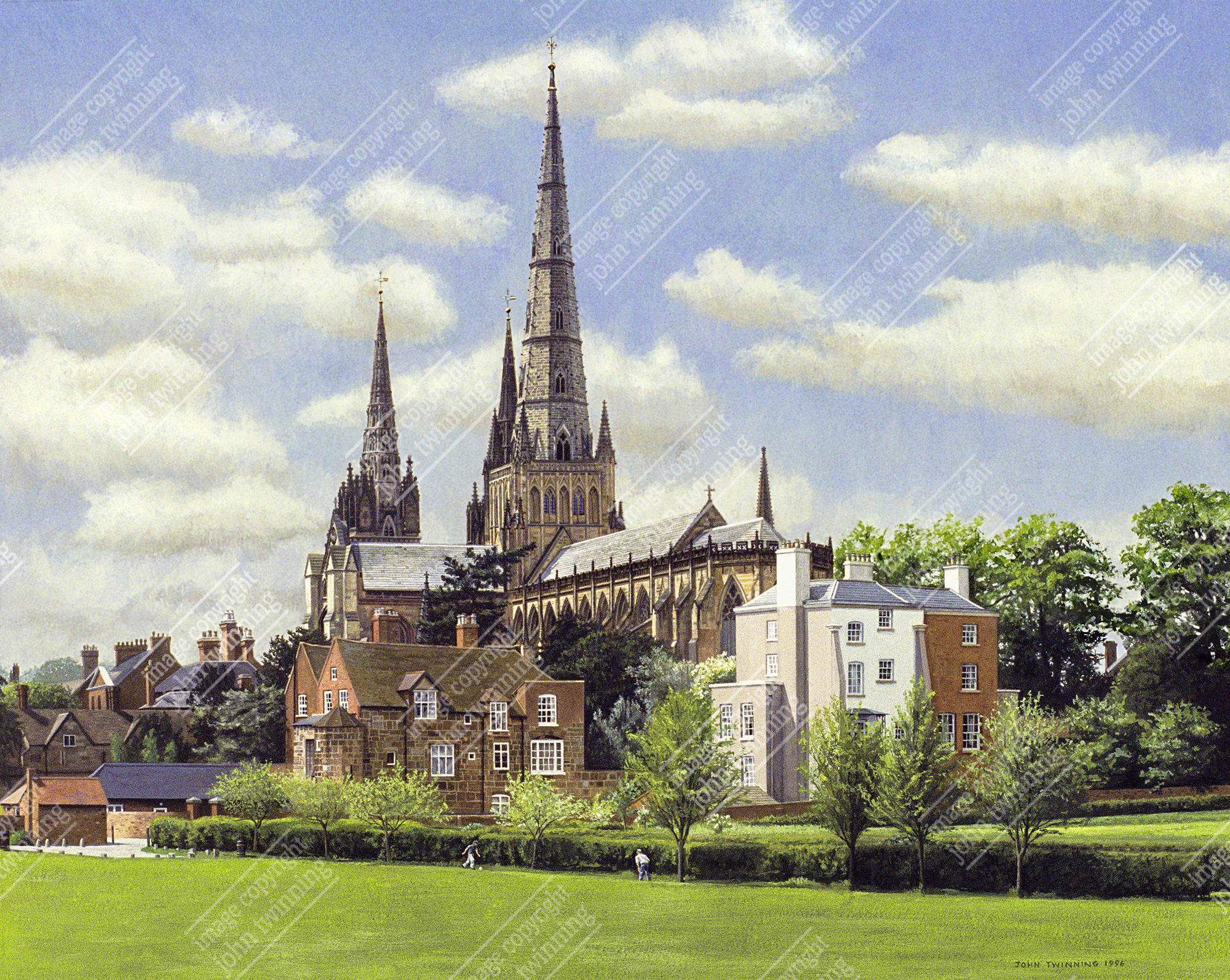 'Lichfield Cathedral From Stowe Fields' - art print from a painting of this staffordshire city's historic church