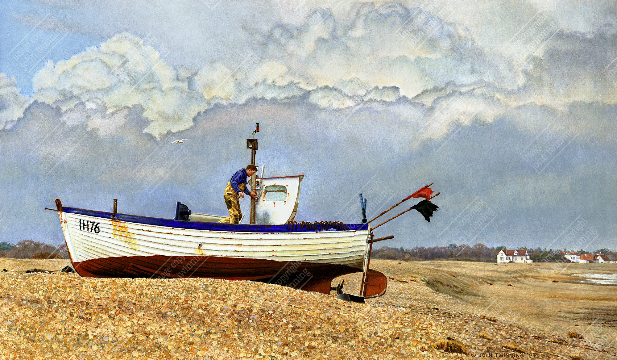 'Low Tide, Aldeburgh, Suffolk' - art print from a marine/maritime painting of a fishing boat
