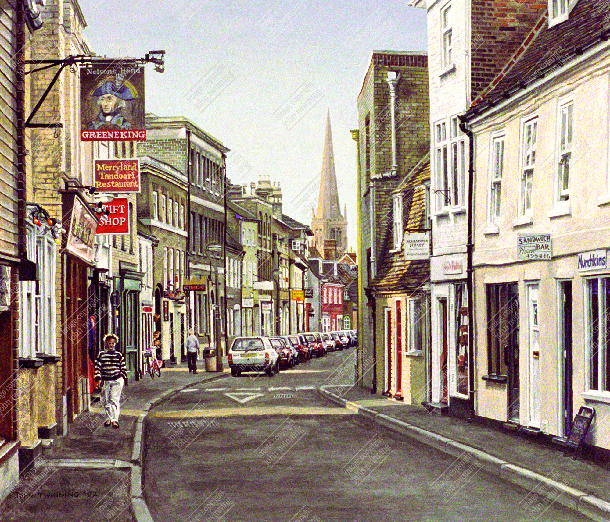 'Merryland, Towards The Parish Church, St Ives' - art print from a townscape painting of this cambridgeshire maket town