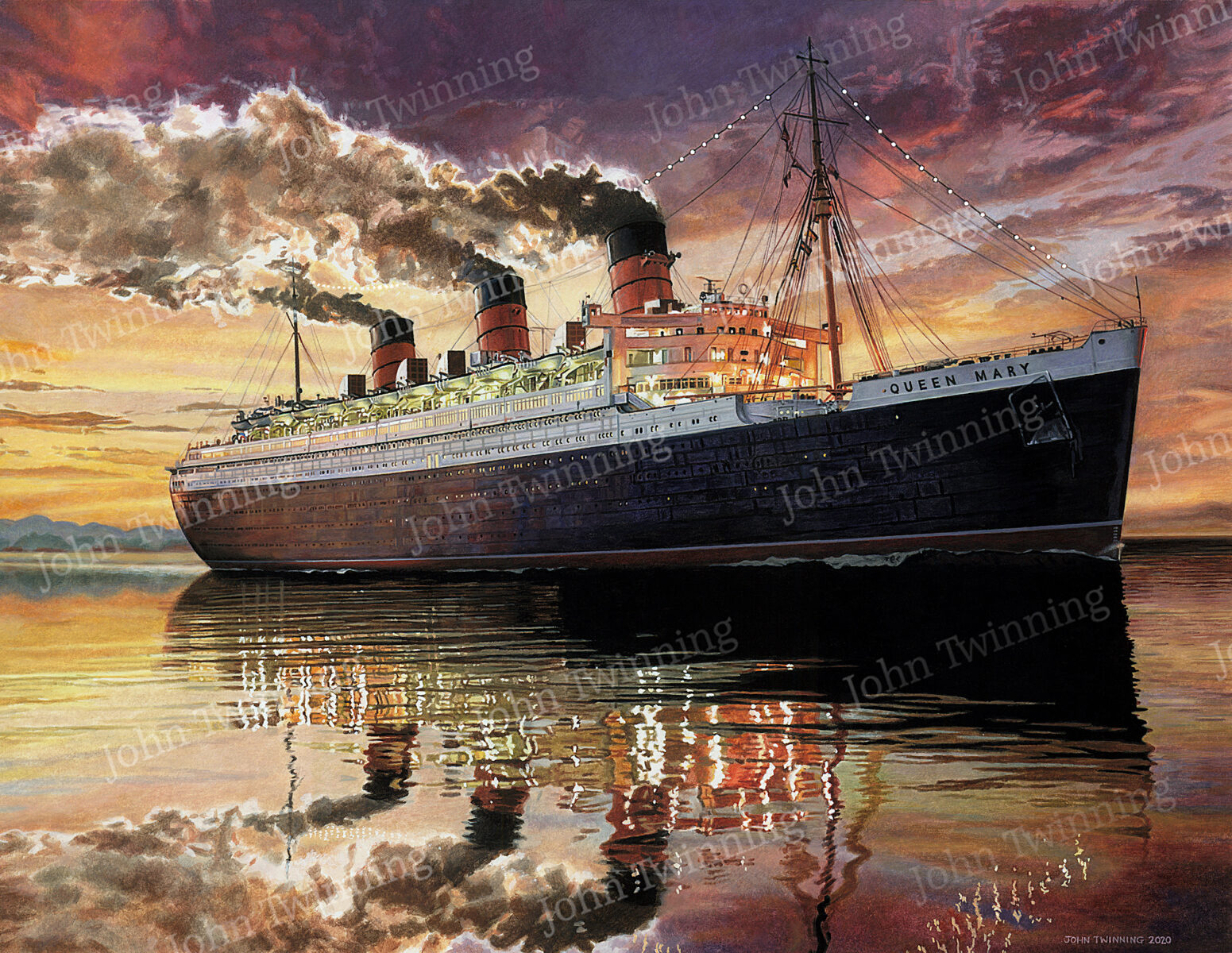 RMS Queen Mary, Sunset Sailing' - art print from a marine/maritime painting of this historic ship