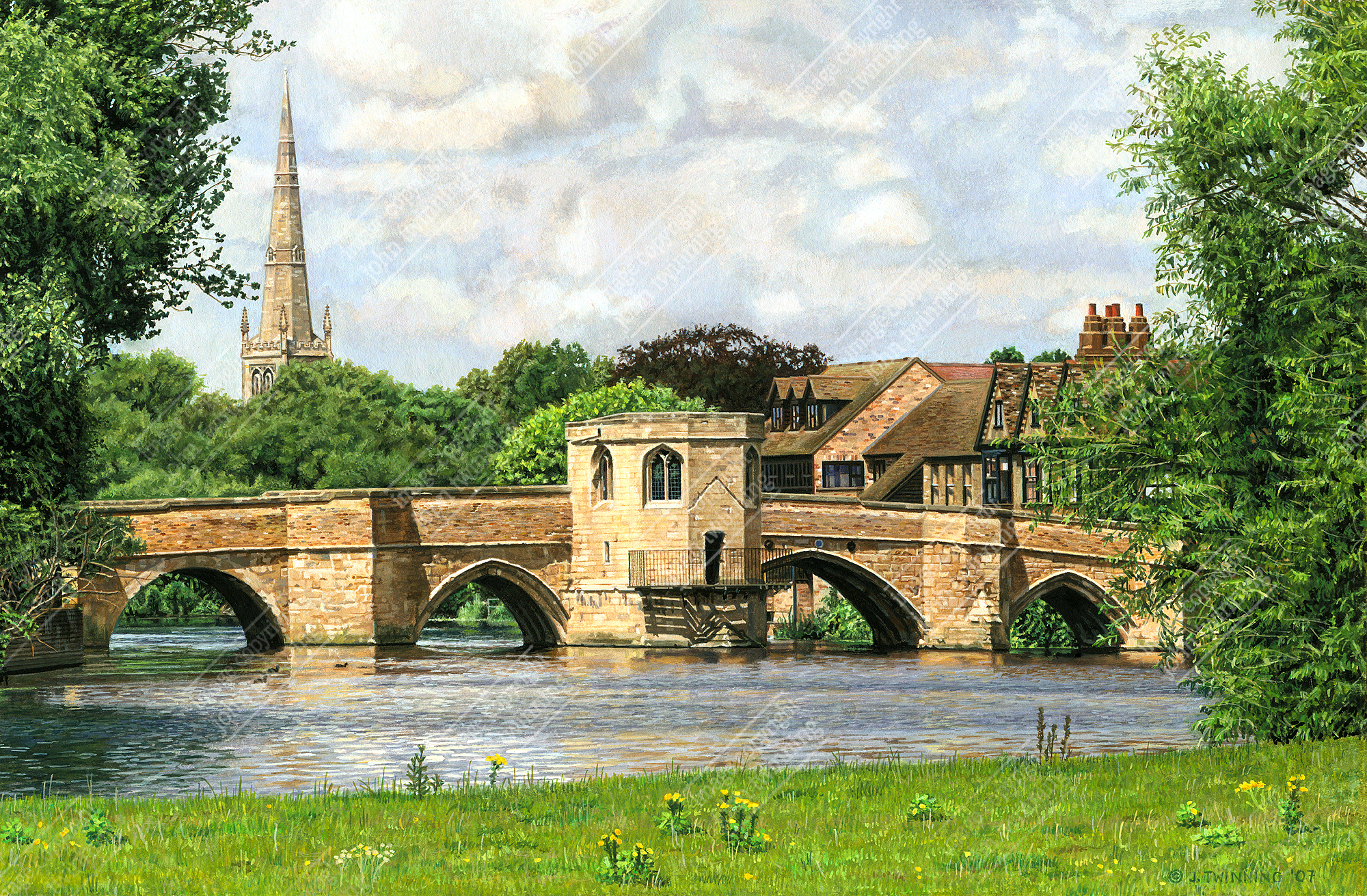 ‘St. Ives Bridge, Full Summer’ – art print from a watercolour painting of this cambridgeshire market town’s historic bridge