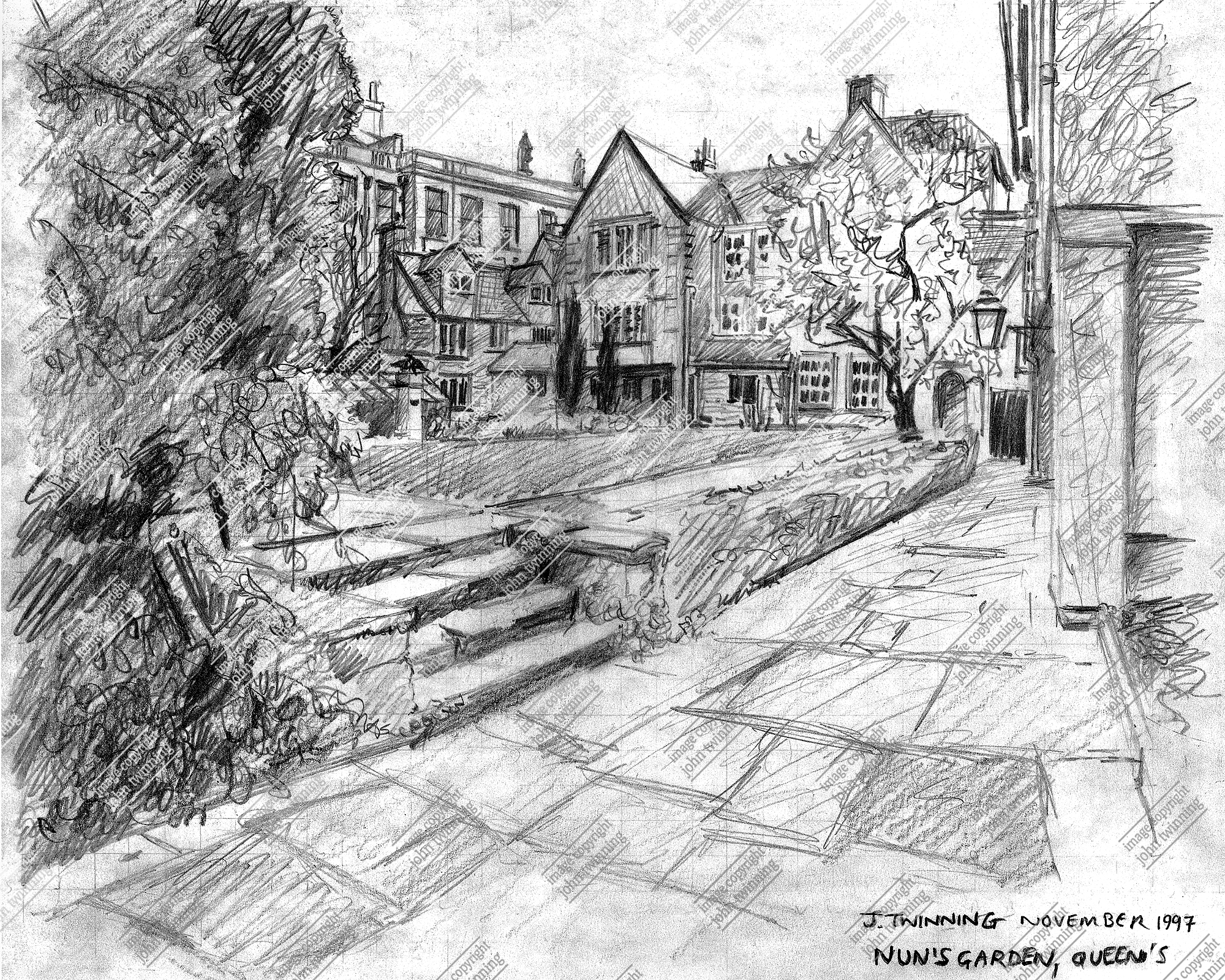 ‘The Nun’s Garden’ [landscape] – art print from a pencil drawing of this view of the queen’s college, oxford