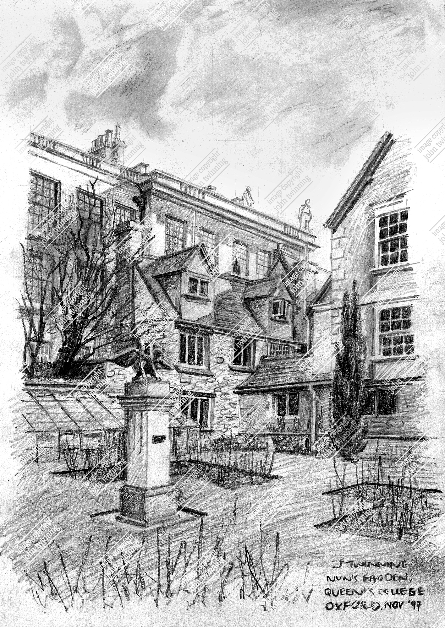 'The Nun's Garden' [portrait] - art print from a pencil drawing of this view of the queen's college, oxford