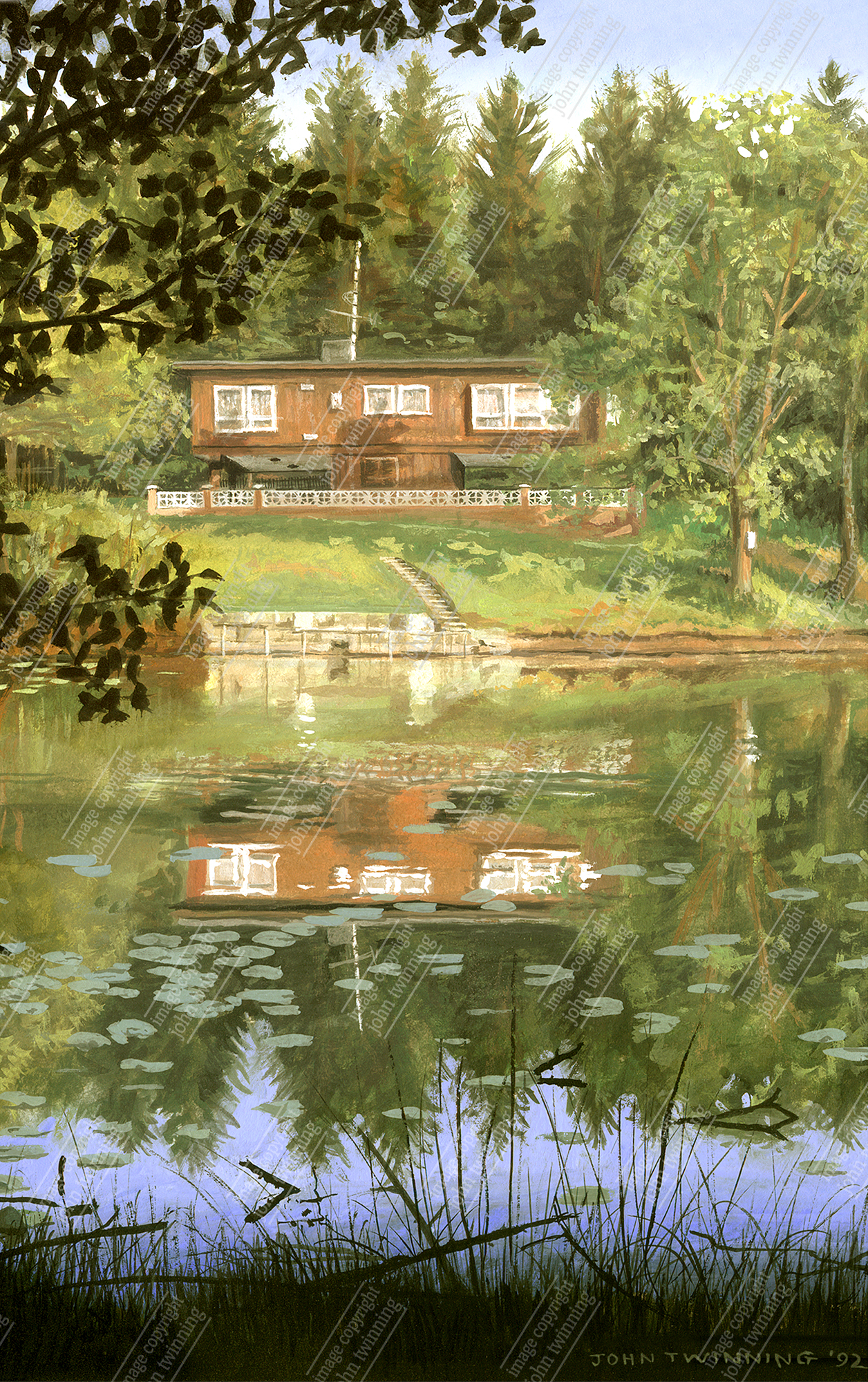 'Trout Lodge, Cannock Chase' - art print from a painting of this rural staffordshire scene reflected in a tranquil pool