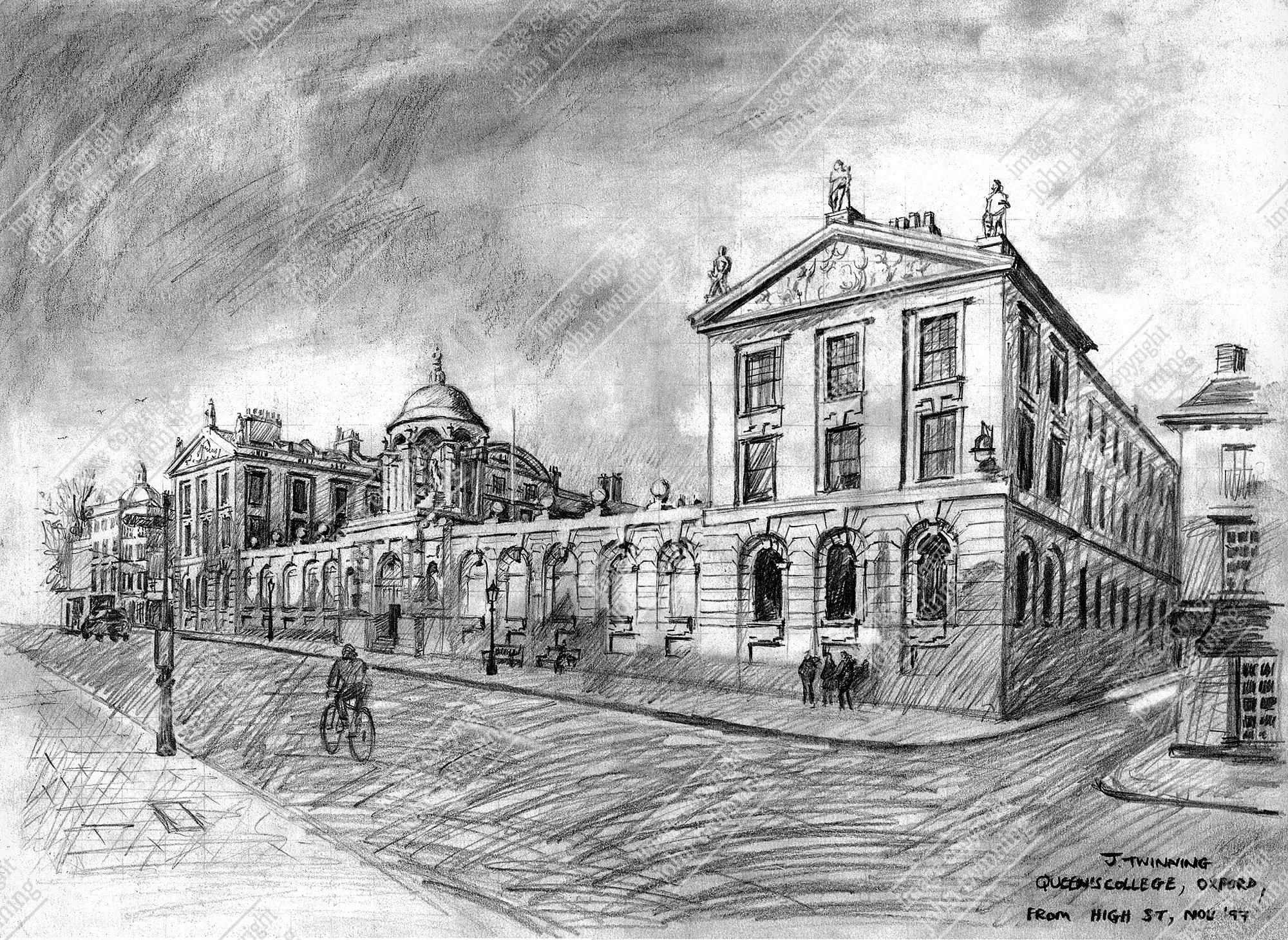 'View From The High Street' - art print from a pencil drawing of this external view of the queen's college, oxford