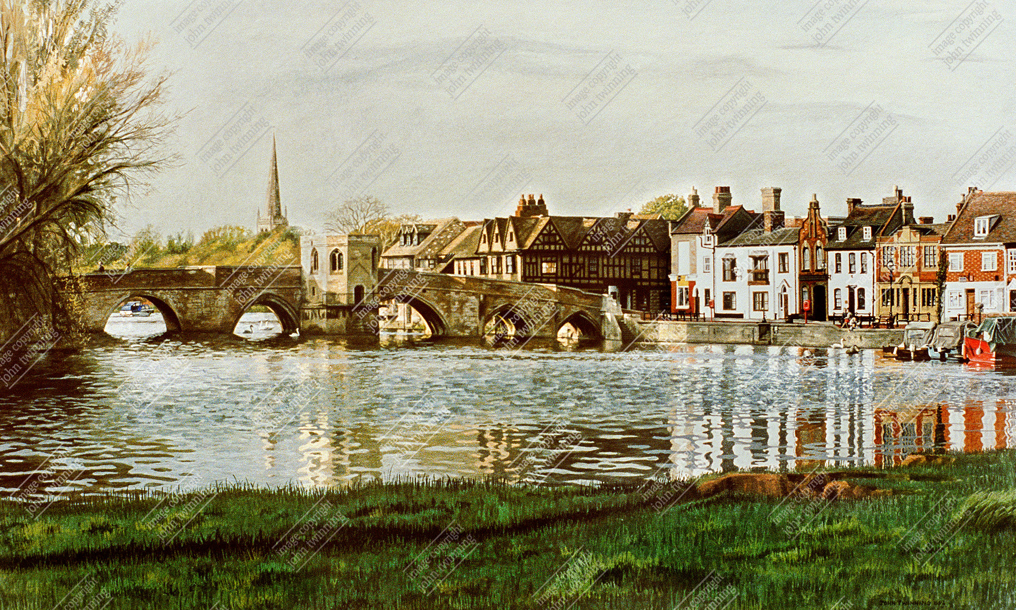 'The Bridge And Quay, St. Ives'- art print from a painting of this cambridgeshire market town's bridge reflected in the great ouse