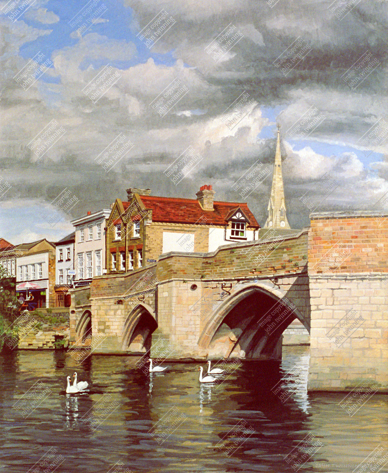‘The Bridge And Swans, St. Ives’ – art print from a watercolour painting of this town’s bridge over the great ouse
