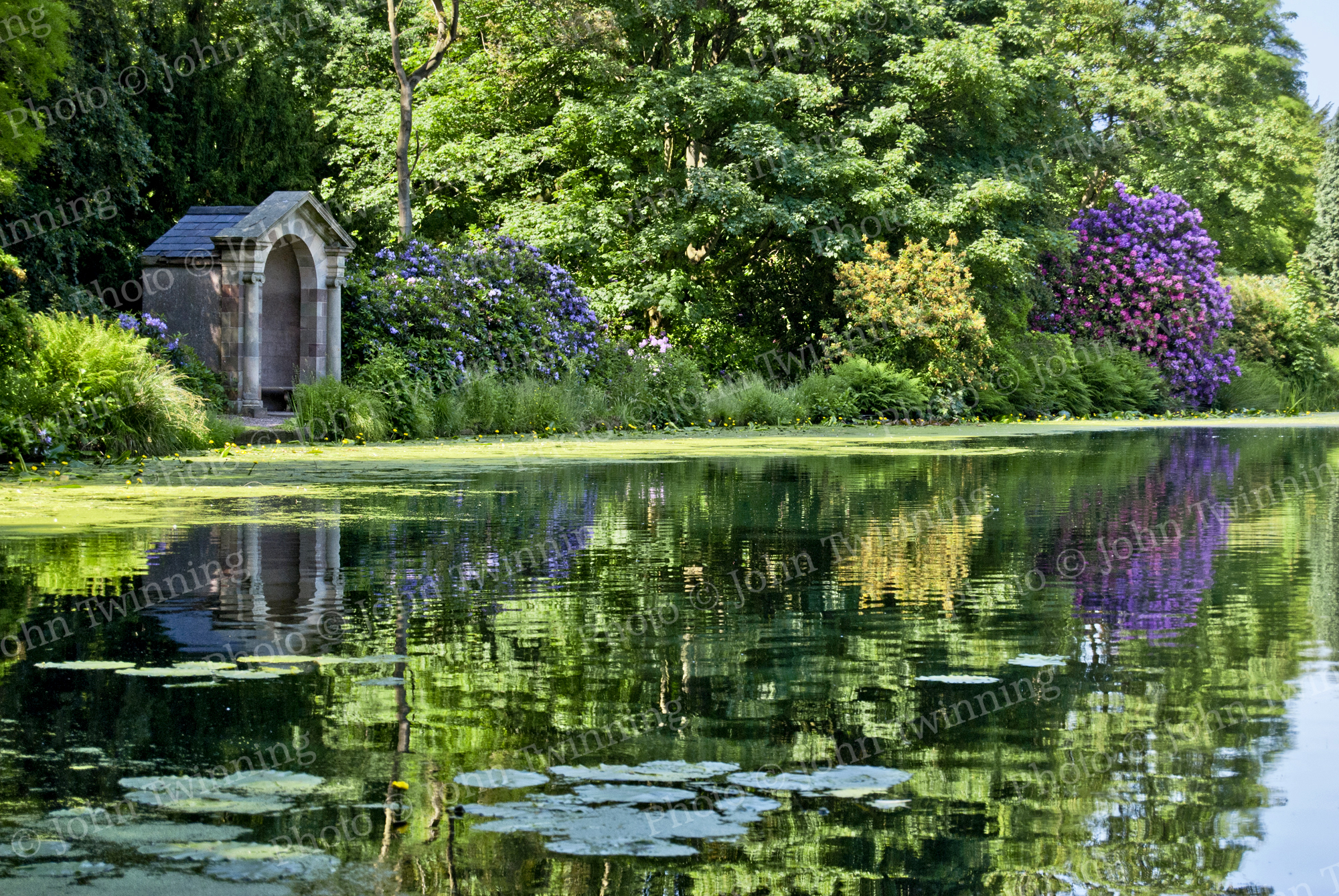 'Safe Arbor' [photo] - art print from a photograph of an arbor beside a placid lake with reflected summer colours